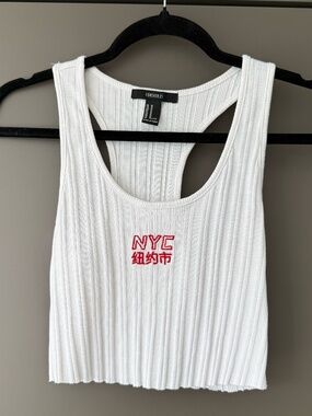NYC Embroidered White Ribbed Racerback Crop Tank Top – Size M Casual Basic Tank